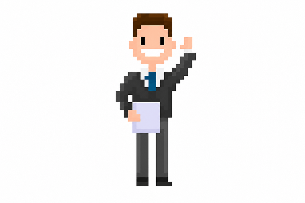 Pixel-art trader in a suit holding papers and waving, the Stonkly mascot